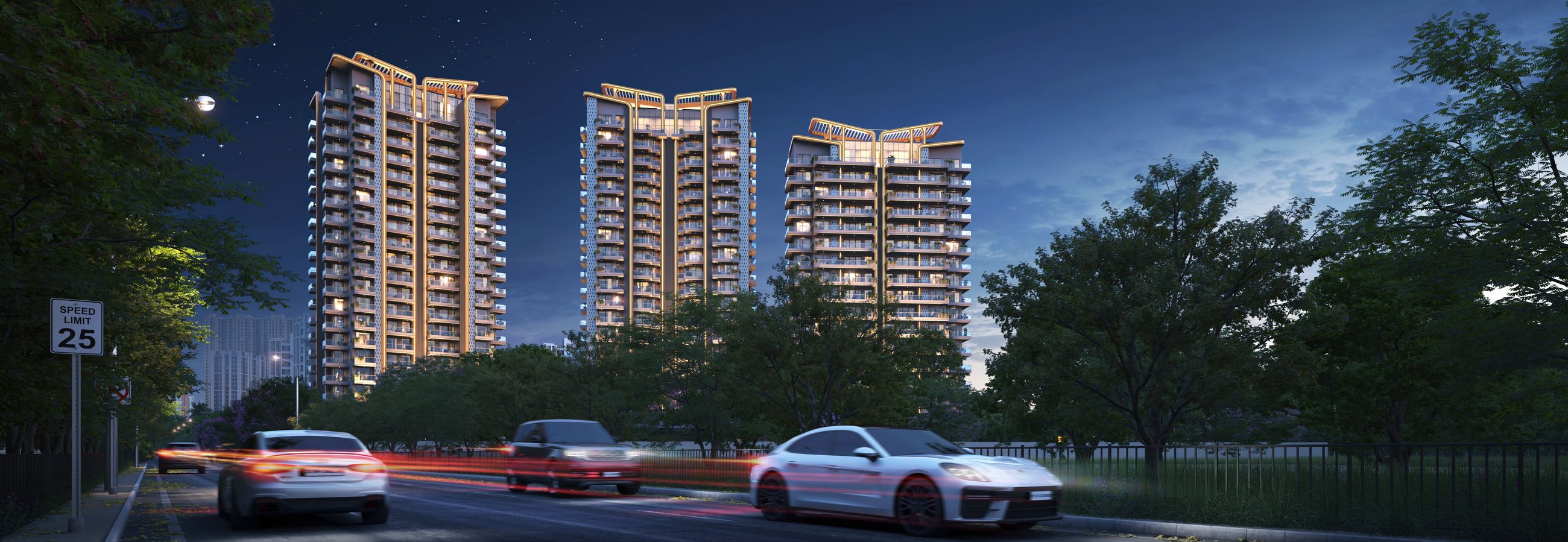 NorthWind Sanctuary elevation at twilight, all three towers — artist's impression