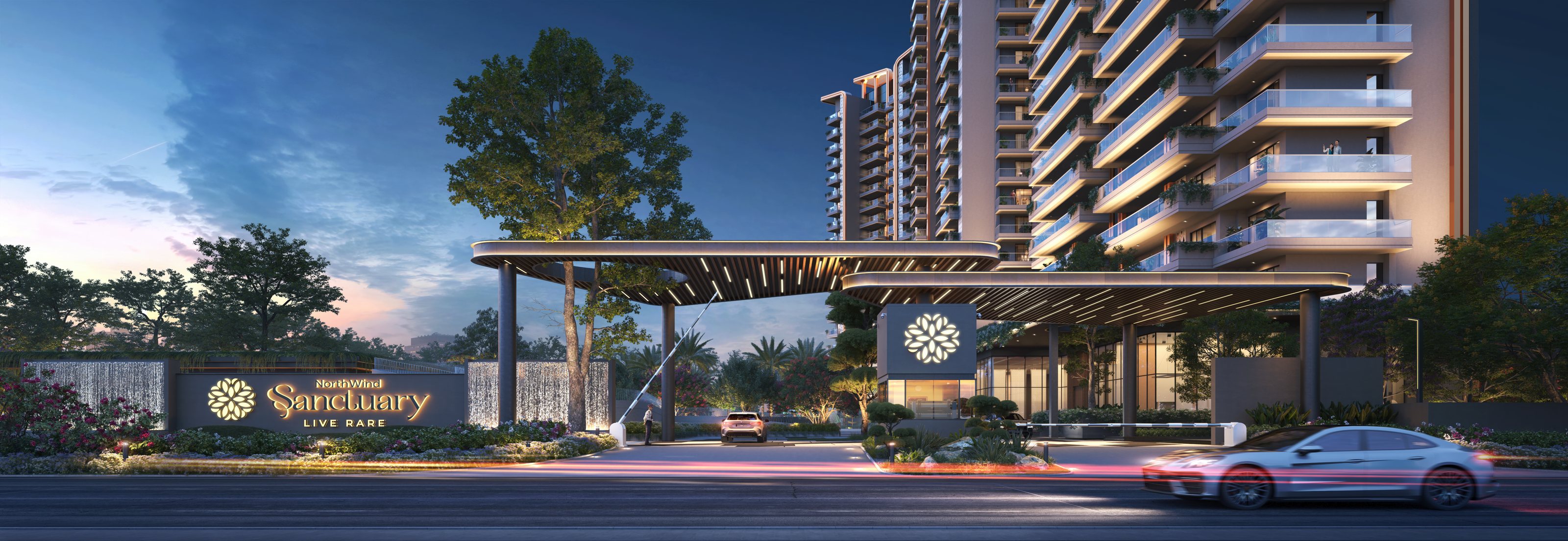 NorthWind Sanctuary entrance at twilight — artist's impression